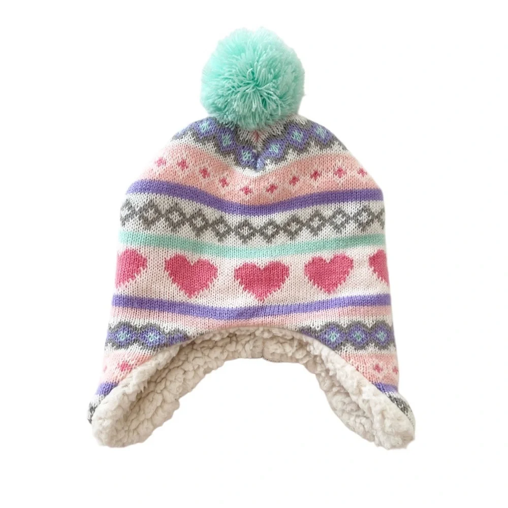 Addie & Tate Cozy Heart Patterned Pink & Mint Pom-Pom Hat | Toddler Girls